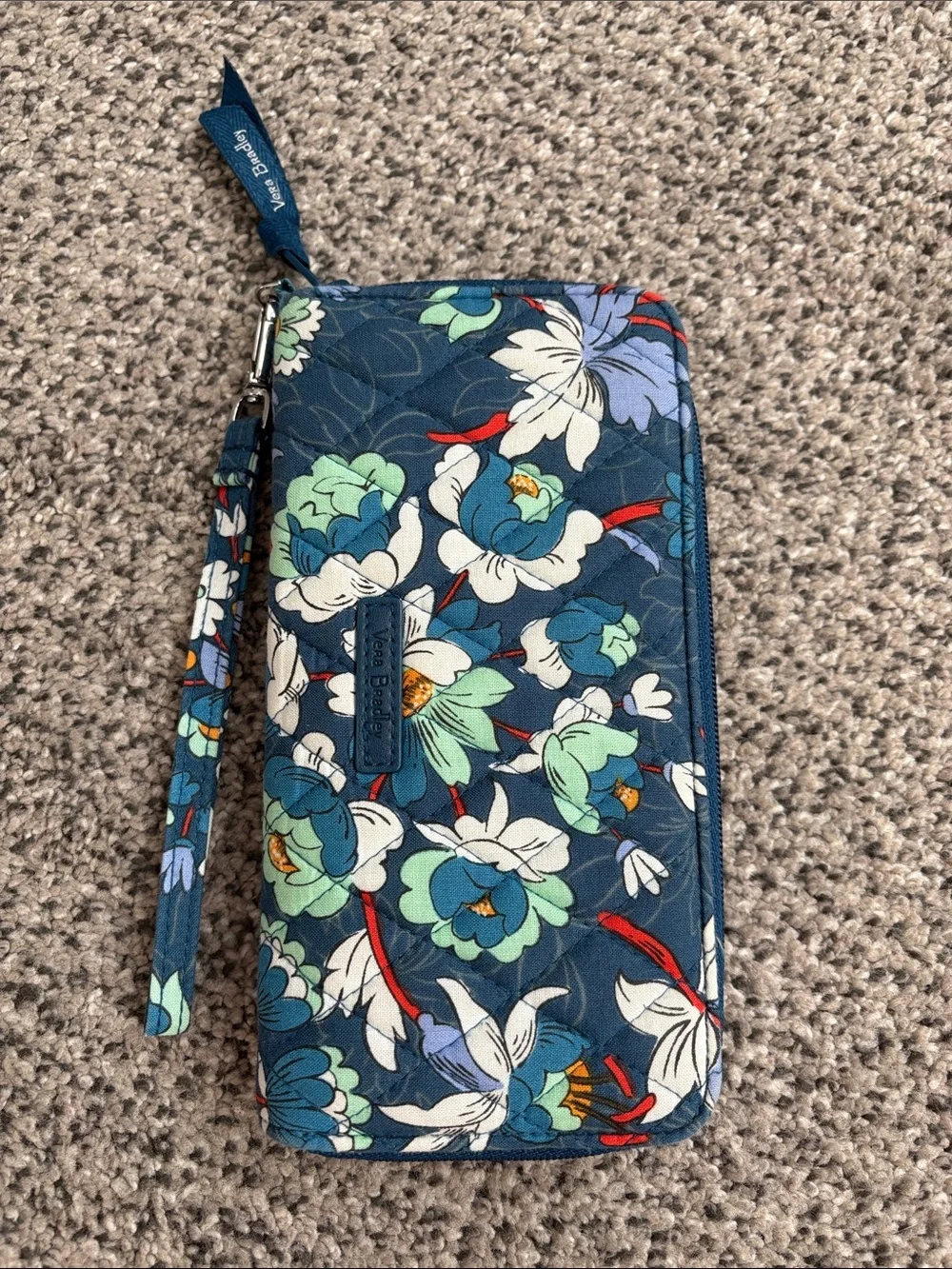 Vera Bradley Navy Teal Floral Zip Around Wristlet Wallet